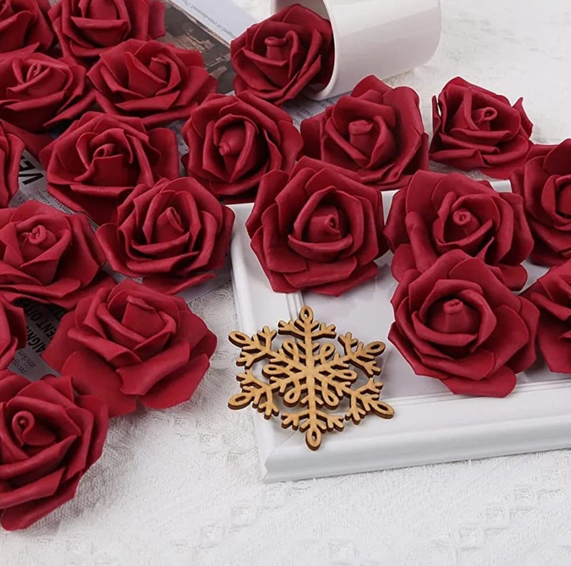 VRB Dec 24 قطعة من الزهور الصناعية الوردية للتزيين، زهرة صناعية، زهرة لتصفيف الشعر، زهرة للعبادة، لتزيين المنزل، ديوالي. (24 قطعة - وردة كبيرة داكنة حمراء من الفوم) - Image 3