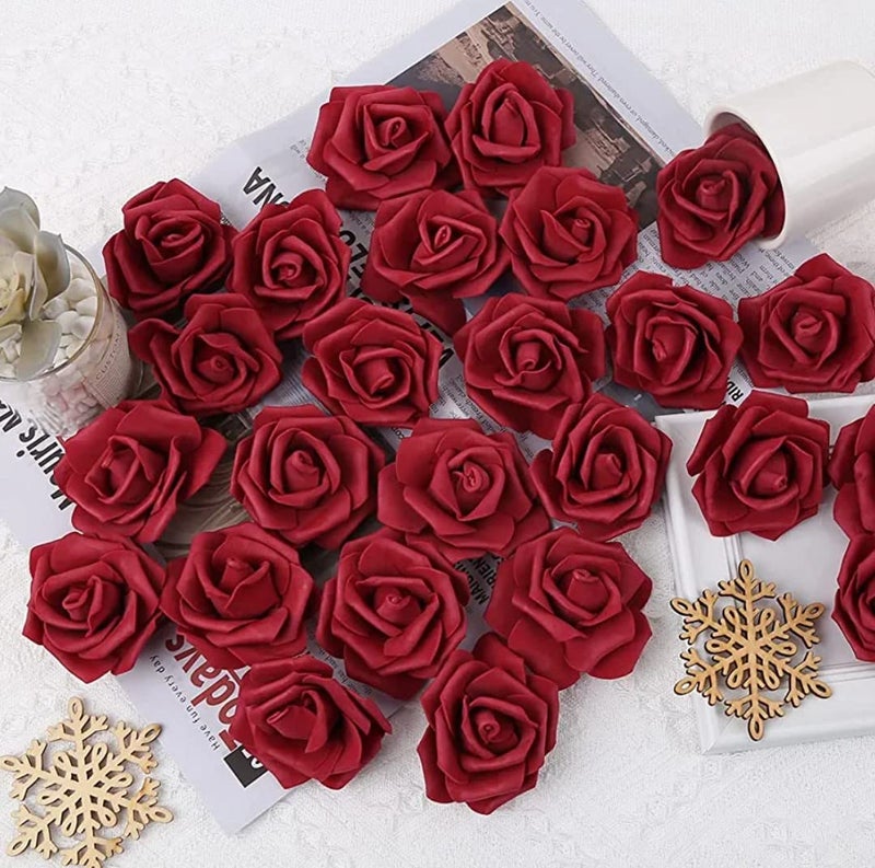 VRB Dec 24 قطعة من الزهور الصناعية الوردية للتزيين، زهرة صناعية، زهرة لتصفيف الشعر، زهرة للعبادة، لتزيين المنزل، ديوالي. (24 قطعة - وردة كبيرة داكنة حمراء من الفوم) - Image 1