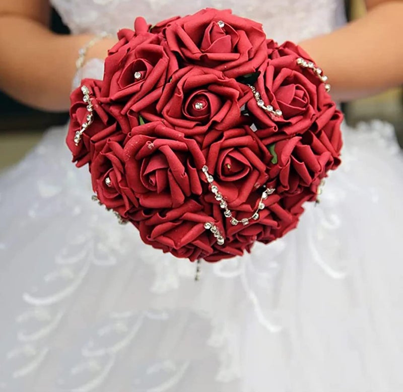 VRB Dec 24 قطعة من الزهور الصناعية الوردية للتزيين، زهرة صناعية، زهرة لتصفيف الشعر، زهرة للعبادة، لتزيين المنزل، ديوالي. (24 قطعة - وردة كبيرة داكنة حمراء من الفوم) - Image 5
