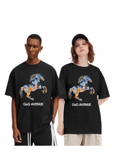 G&G AVENUE Heavy cotton fabric Men's Sports Style Pure Cotton Thick Oversized Round Neck T-shirt Black New Trend Colored Horse Pattern Casual Style (One Piece)  - Image 1