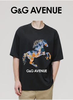 G&G AVENUE Heavy cotton fabric Men's Sports Style Pure Cotton Thick Oversized Round Neck T-shirt Black New Trend Colored Horse Pattern Casual Style (One Piece)  - Image 2