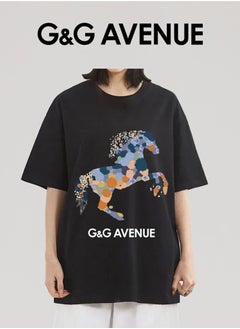 G&G AVENUE Heavy cotton fabric Men's Sports Style Pure Cotton Thick Oversized Round Neck T-shirt Black New Trend Colored Horse Pattern Casual Style (One Piece)  - Image 3