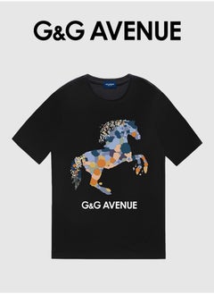 G&G AVENUE Heavy cotton fabric Men's Sports Style Pure Cotton Thick Oversized Round Neck T-shirt Black New Trend Colored Horse Pattern Casual Style (One Piece)  - Image 4