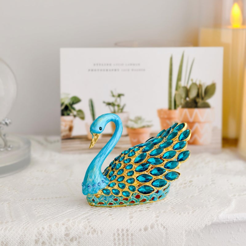 SEVENBEES 3.7-inch Blue Swan Figurine Jewelry Trinket Box, Enamel Hand-painted Swan Box with Gems, Hinged Jewelry Boxes - Ring Holder, Organizer, Home Decor, Wedding Favor Gift - Image 2