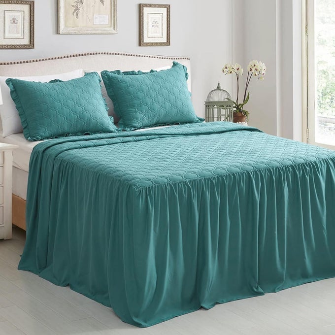 RUFFLE SKIRT BEDSPREAD 30 LONG DROP SHABBY CHIC STYLE BEDDING LIGHTWEIGHT 3 PIECE SET QUEEN SIZE LAGOON