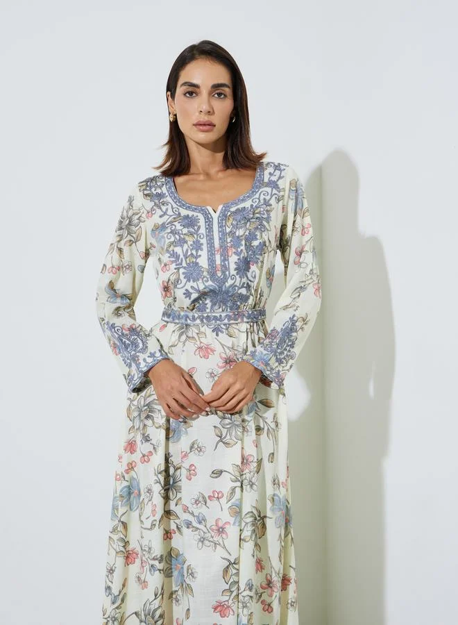 أميرة Women Floral Print Embroidered Belted Jalabiya