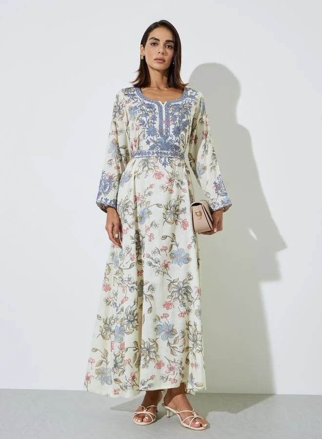 أميرة Women Floral Print Embroidered Belted Jalabiya