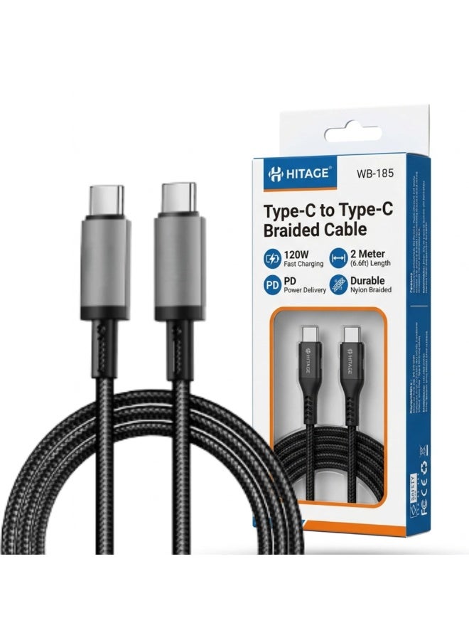 هيتيج كابل Hitage من Type-C إلى Type-C مغطى بجديلة من النايلون، يدعم الشحن السريع بقوة 120 واط وتقنية توصيل الطاقة (PD)، بطول 2 متر، ومتوافق مع هواتف iPhone وSamsung وأجهزة الكمبيوتر المحمولة والأجهزة اللوحية وأجهزة USB-C. - Image 1