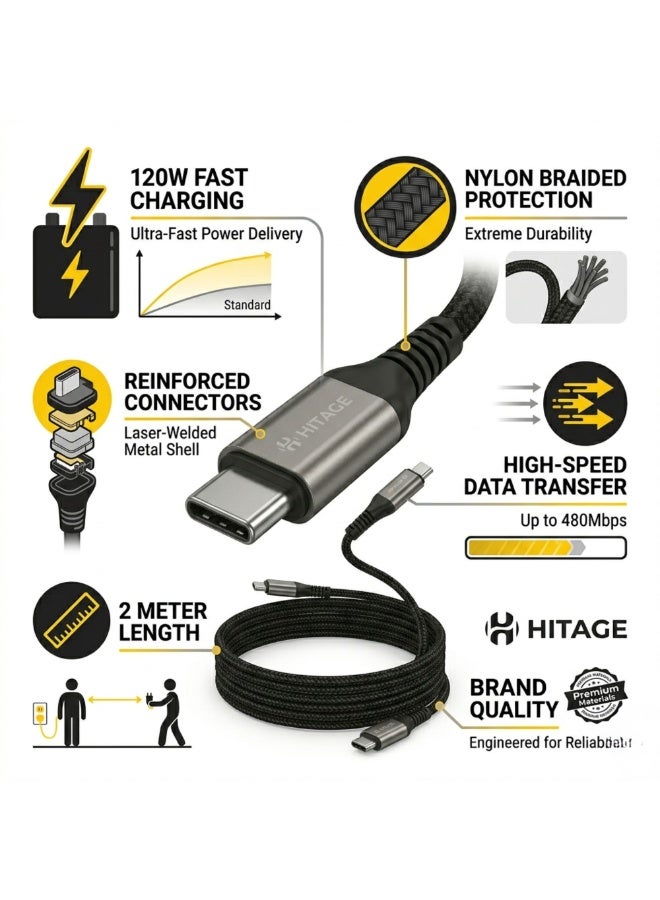 هيتيج كابل Hitage من Type-C إلى Type-C مغطى بجديلة من النايلون، يدعم الشحن السريع بقوة 120 واط وتقنية توصيل الطاقة (PD)، بطول 2 متر، ومتوافق مع هواتف iPhone وSamsung وأجهزة الكمبيوتر المحمولة والأجهزة اللوحية وأجهزة USB-C. - Image 5