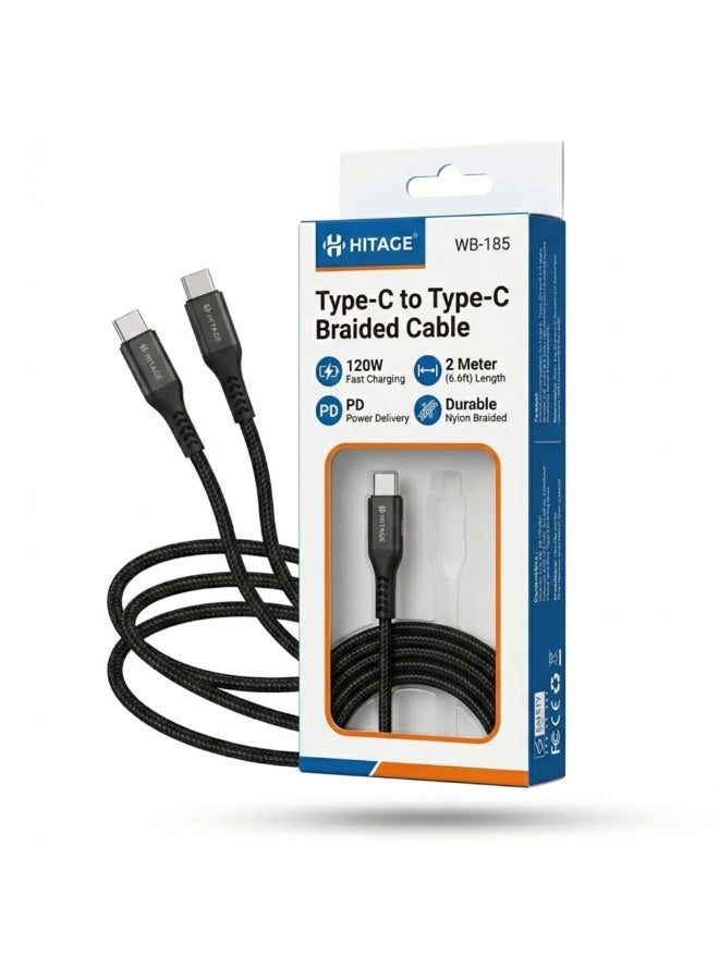 هيتيج كابل Hitage من Type-C إلى Type-C مغطى بجديلة من النايلون، يدعم الشحن السريع بقوة 120 واط وتقنية توصيل الطاقة (PD)، بطول 2 متر، ومتوافق مع هواتف iPhone وSamsung وأجهزة الكمبيوتر المحمولة والأجهزة اللوحية وأجهزة USB-C. - Image 2