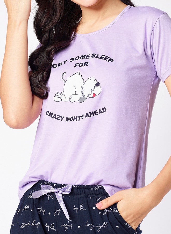 beebelle Lavender & Navy Blue Typography Printed Night Suit - Image 3