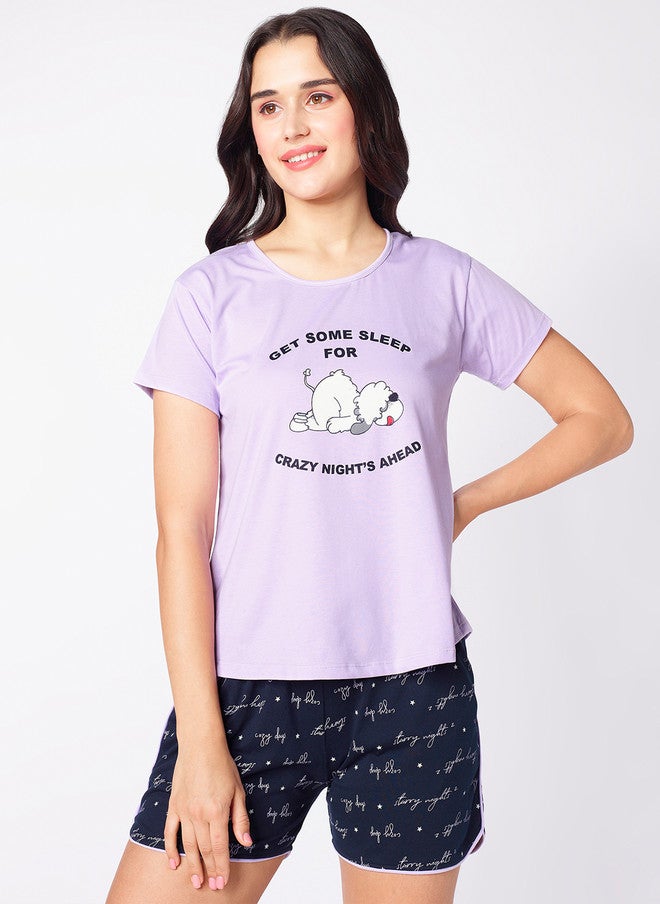beebelle Lavender & Navy Blue Typography Printed Night Suit - Image 2