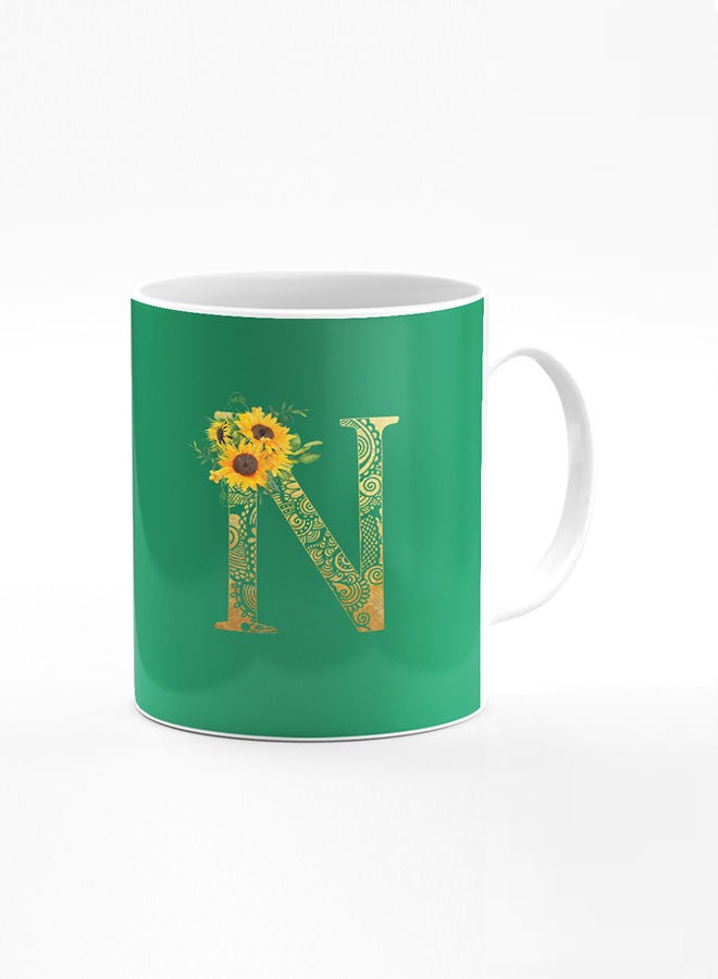 Stylizedd Designer Printed Coffee Mug 11oz Ceramic Personalised Gift Mugs Cup Custom Monogram Initial Letter Floral Pattern Alphabet N (Dark Spring Green)  - Image 1
