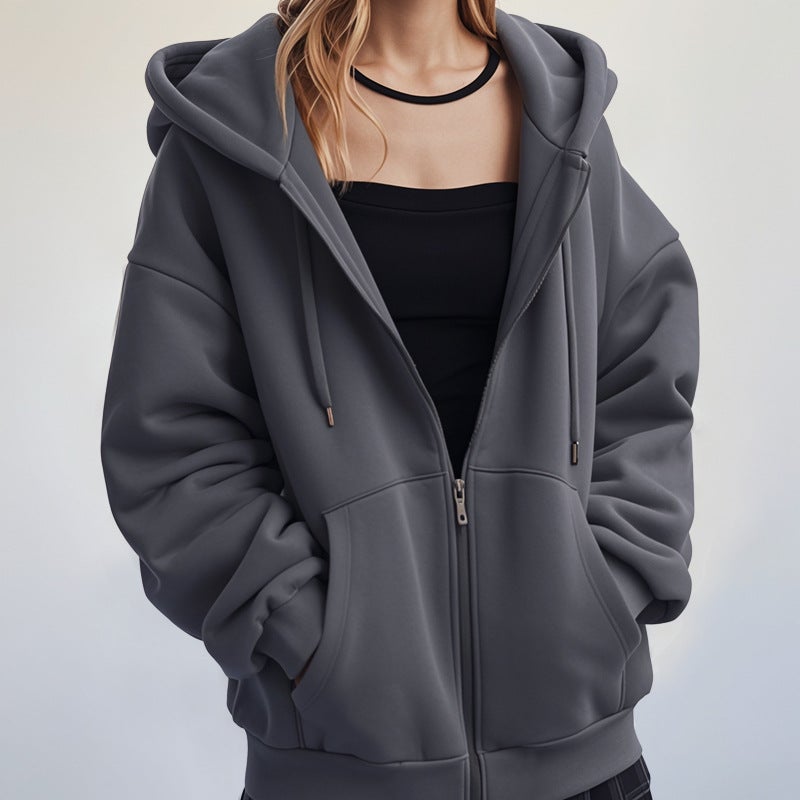 سترة كاردين ثقيلة مبطنة بالفليس بغطاء رأس للرجال والنساء، جديدة بألوان صلبة، سترة بسحاب لخريف وشتاء 2024 - Image 3