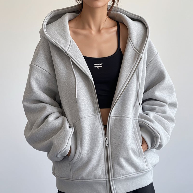 سترة كاردين ثقيلة مبطنة بالفليس بغطاء رأس للرجال والنساء، جديدة بألوان صلبة، سترة بسحاب لخريف وشتاء 2024 - Image 2