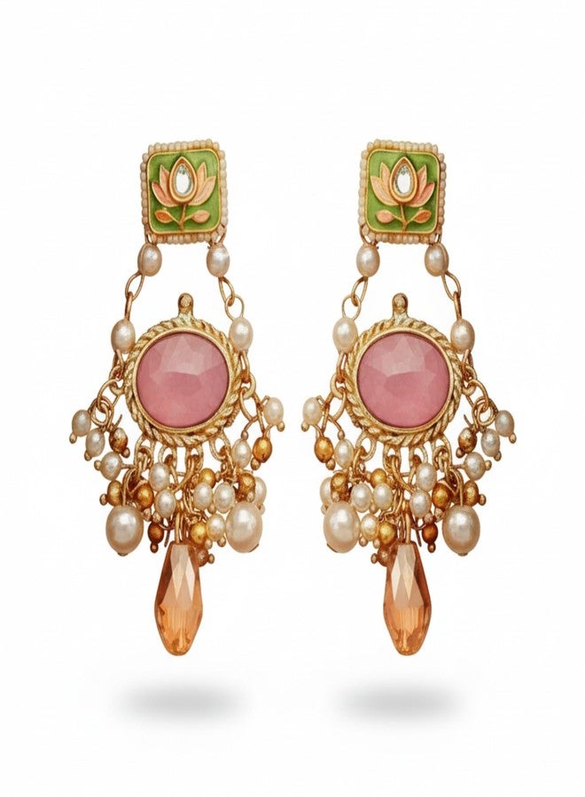 SANJOYA BY EVERSTYLISH Mrinalika Lotus Petal Graceful Enamelled Handcrafted Kundan Earrings With Soft Pastel Gemstones Lightweight Jewelry For Women | Party, Festive, Wedding & Gifting - Image 1