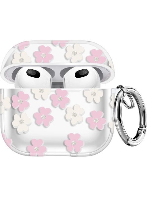 Airpods 3 Case, Protective Case with Metal Ring for Airpods 3/2021, Protective Case Prevent Drops, Charging LED Visible, White Pink Flower Personalized Design Compatible with Apple Airpods 3 2021