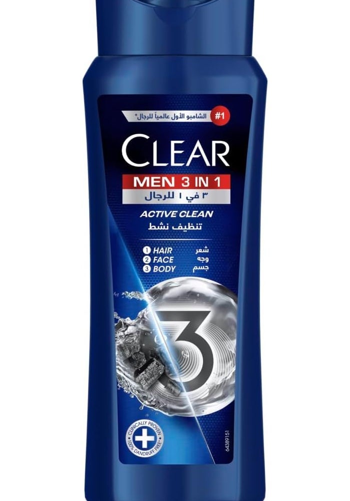 Clear Men 3 in 1 Anti-Dandruff Shampoo - Active Clean for Hair, Face & Body, 600ml - Image 1