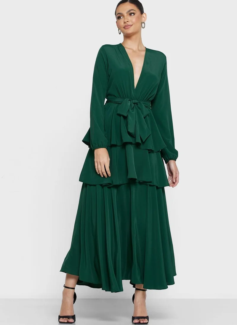 John Zack Tiered Emerald Dress