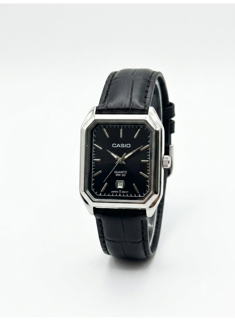 Casio Men's Analog Quartz Watch, Rectangular Silver-Tone Case, Black Dial, Black Leather Strap - Image 1
