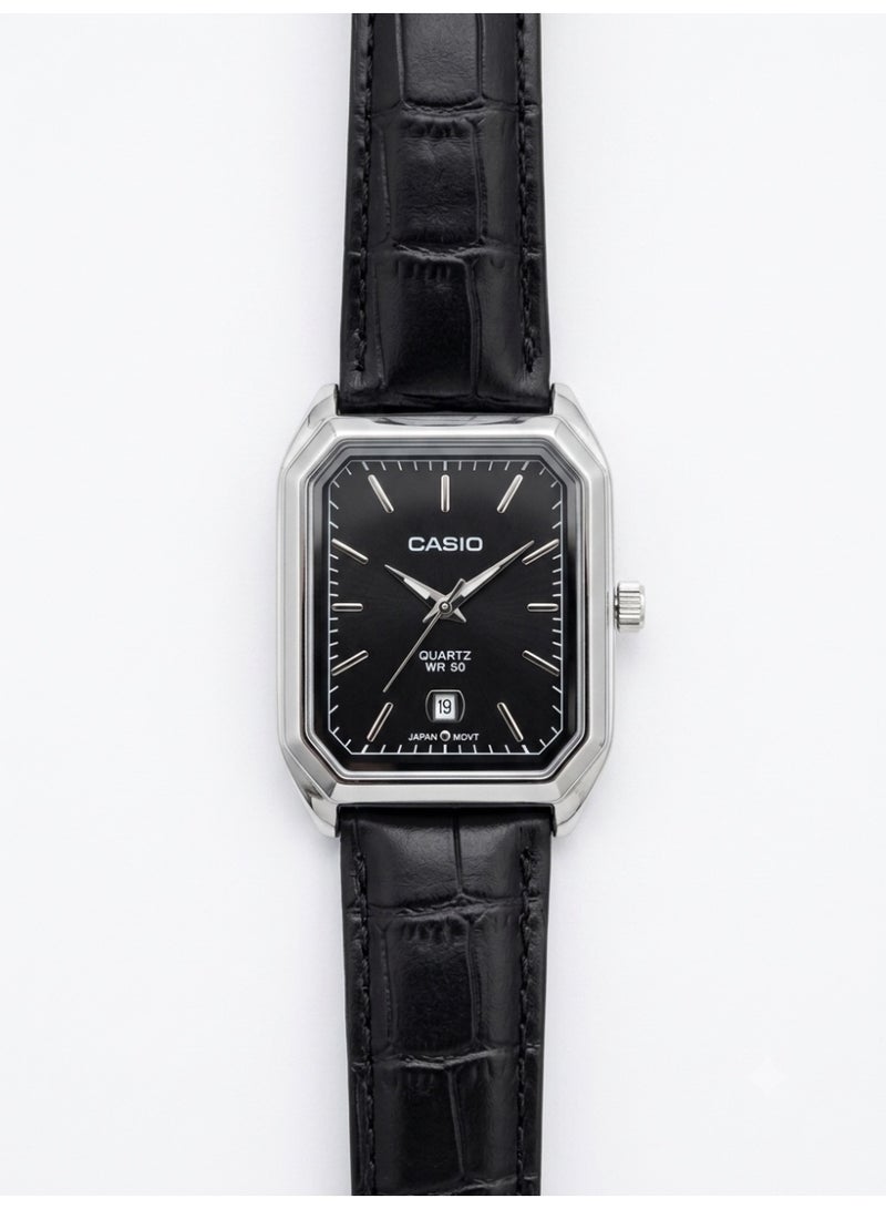 Casio Men's Analog Quartz Watch, Rectangular Silver-Tone Case, Black Dial, Black Leather Strap - Image 2