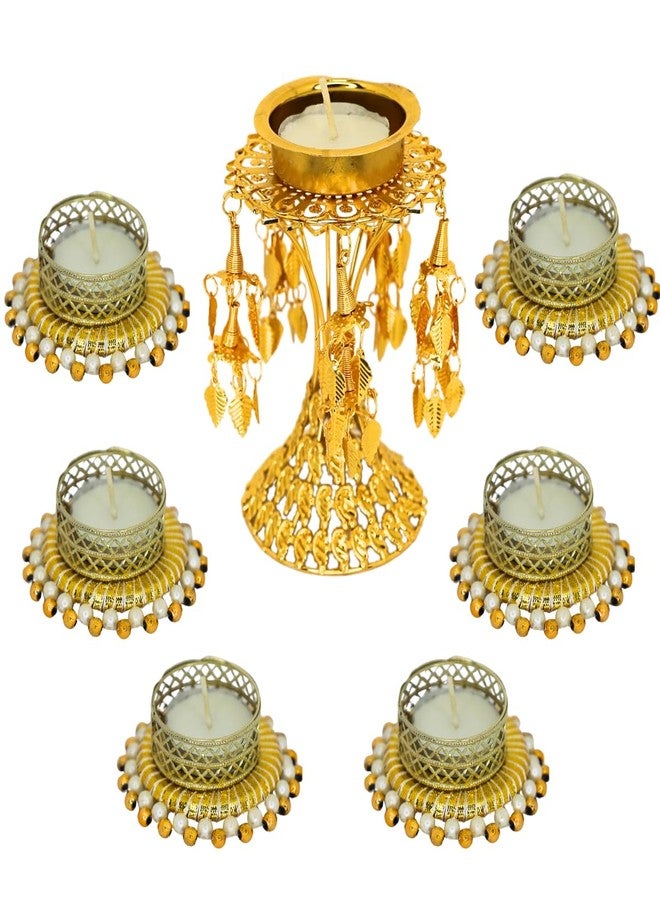 JWELLA Golden Stand Candle Holder with 6 Gold & White Pearl Bangle Tea Light Holders | Decorative Festival Tealight Set for Diwali, Pooja & Home Décor - Image 2