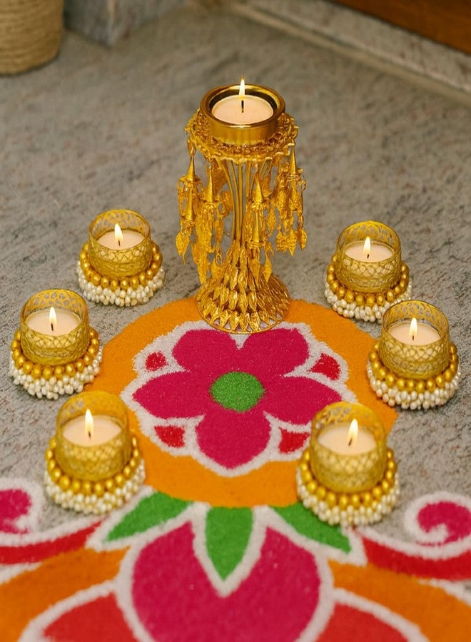 JWELLA Golden Stand Candle Holder with 6 Gold & White Pearl Bangle Tea Light Holders | Decorative Festival Tealight Set for Diwali, Pooja & Home Décor - Image 1