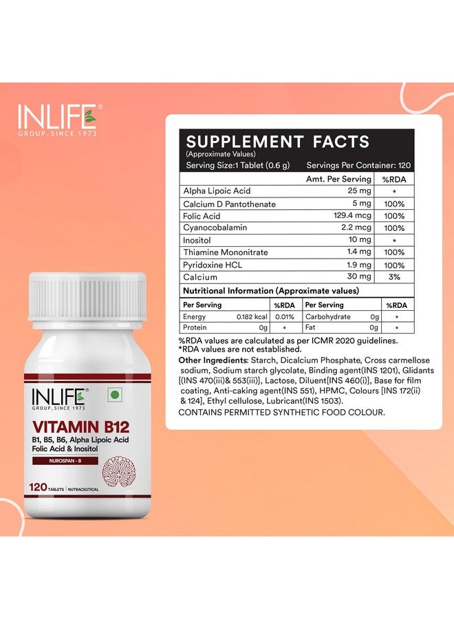 INLIFE فيتامين ب12 مع حمض ألفا ليبويك، حمض الفوليك، إينوزيتول، ب1، ب5 وب6 مكملات أقراص، يدعم صحة الأعصاب، المناعة للرجال والنساء - 120 قرص (فيتامين ب12، عبوة من 1) - Image 2
