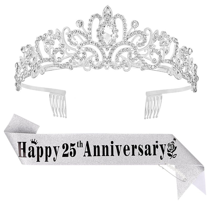 YARIEW 25th Anniversary Decorations Silver Crown and Happy 25th Anniversary Sash Set Tiara Crown Sash for 25th Wedding Anniversary Decorations Gifts for Women