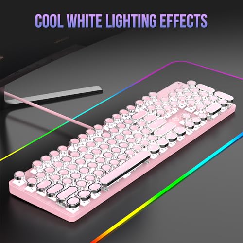 Gaozen Typewriter Mechanical Gaming Keyboard with RGB Backlit Red Switches 104 Keys Retro Round Keycap Wired Typewriter Style Comfortable Typing Soud Pink - Image 3
