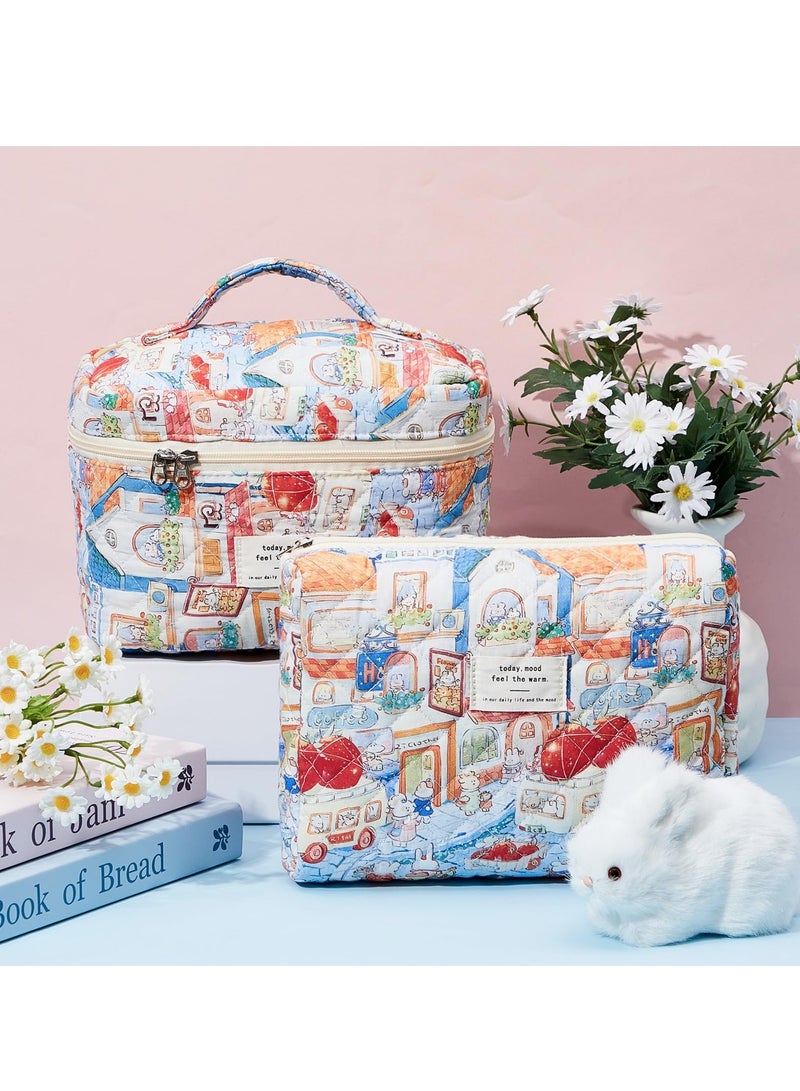 SYOSI 2 Pcs Large Travel Quilted Makeup Bag for Women Diaper Bag Tote Travel Zip Closure Diaper Floral Cotton Toiletry Bag Aesthetic Cherry Peony Cosmetic Bag Skincare Organizer Bag Rabbit Style  - Image 5