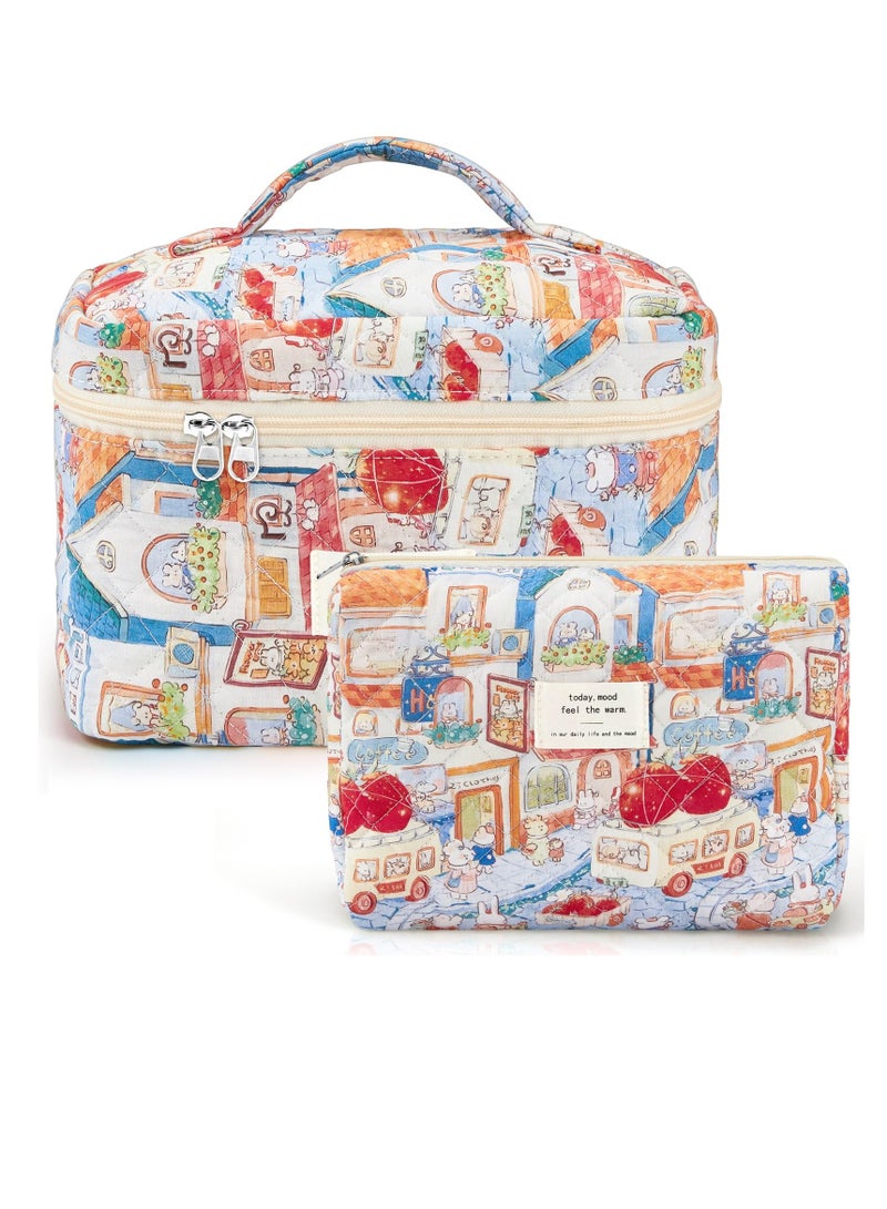 SYOSI 2 Pcs Large Travel Quilted Makeup Bag for Women Diaper Bag Tote Travel Zip Closure Diaper Floral Cotton Toiletry Bag Aesthetic Cherry Peony Cosmetic Bag Skincare Organizer Bag Rabbit Style  - Image 1