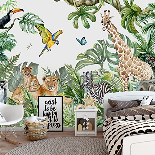 MFWFM Safari Wallpaper for Children with Animals Jungle Wall Mural Watercolor Animals Nursery Wallpaper Kids Room Decor(Not Peel n' Stick) - Image 1
