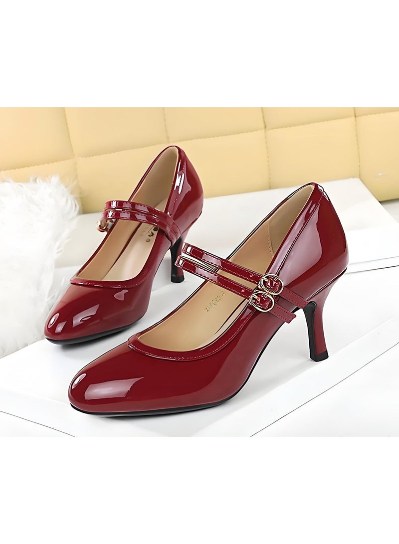 بيج تري ماري جين أحذية القط الكعب العالي مغلقة مستديرة إصبع القدم مع حزام القفل الأحمر - Image 1