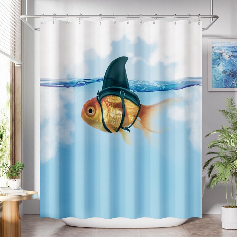 AmazerBath Shower Curtain Blue, Washable Cloth Funny Fish in Shark's Clothing Kids Shower Curtain Sets with 12 Shower Curtain Hooks, Cute Waterproof Shower Curtains for Bathroom Decor, 72x72 Inches - Image 1