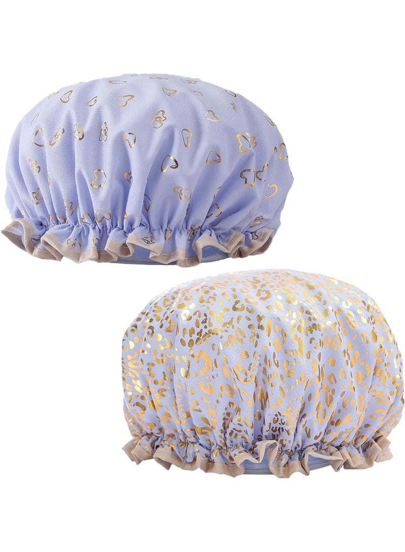 2 قطعة قبعة استحمام مقاومة للماء، قبعة استحمام قابلة لإعادة الاستخدام للنساء، قبعة استحمام مرنة، قبعة استحمام مزدوجة الطبقات، قبعة استحمام مبطنة بـ PEVA (لون أرجواني) - Image 1