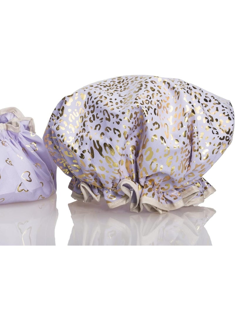 2 قطعة قبعة استحمام مقاومة للماء، قبعة استحمام قابلة لإعادة الاستخدام للنساء، قبعة استحمام مرنة، قبعة استحمام مزدوجة الطبقات، قبعة استحمام مبطنة بـ PEVA (لون أرجواني) - Image 4