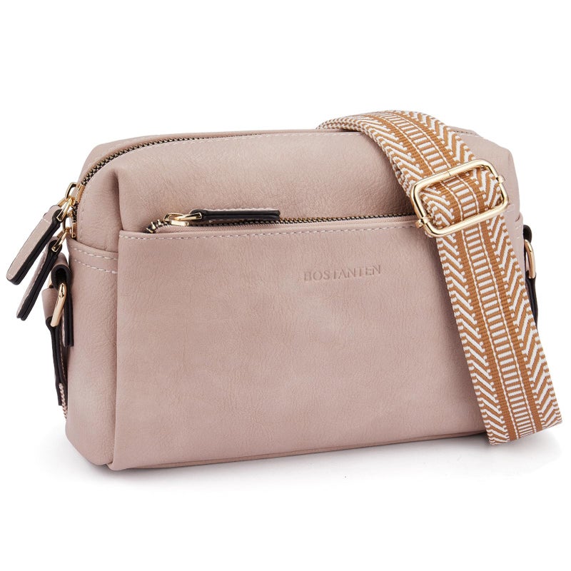 BOSTANTEN Small Crossbody Purse for Women Triple Zip Cell Phone Leather Handbag with Colored Shoulder Strap Pink - Image 1