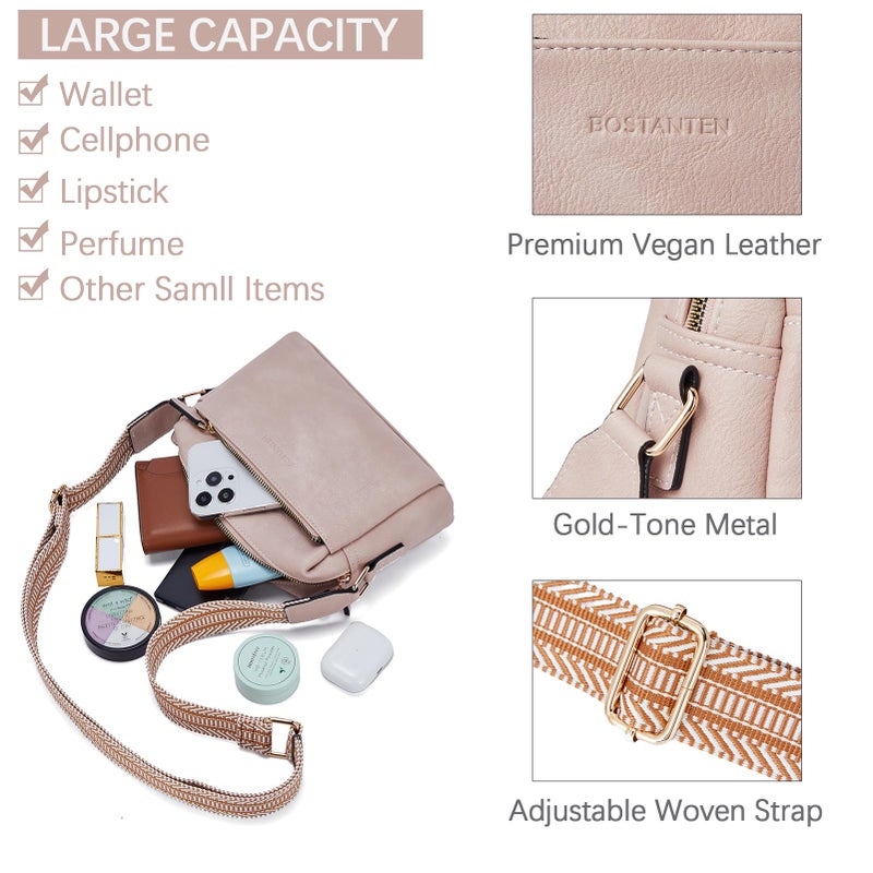 BOSTANTEN Small Crossbody Purse for Women Triple Zip Cell Phone Leather Handbag with Colored Shoulder Strap Pink - Image 5