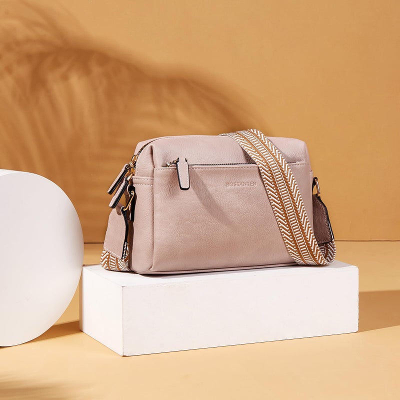 BOSTANTEN Small Crossbody Purse for Women Triple Zip Cell Phone Leather Handbag with Colored Shoulder Strap Pink - Image 3