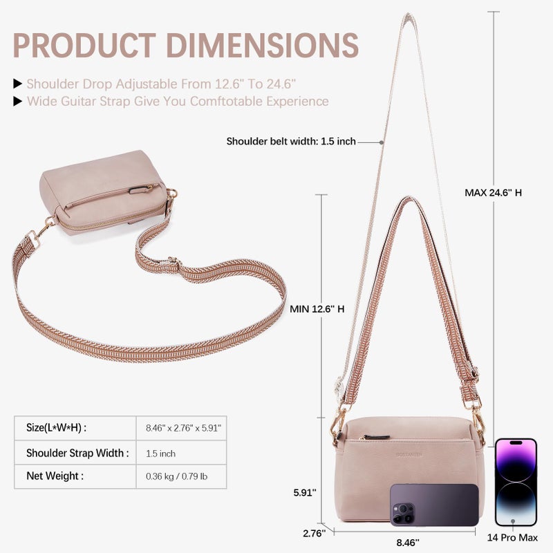 BOSTANTEN Small Crossbody Purse for Women Triple Zip Cell Phone Leather Handbag with Colored Shoulder Strap Pink - Image 4