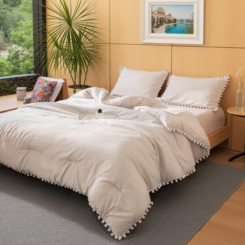 Bedbay Beige Comforter Set King Size Boho Aesthetic Bedding Set Cute Ball Pom Fringe Ultra Soft Lightweight Comforter Set 3 Pieces Farmhouse Bedding Set for Women Men Adults(Beige,King) - Image 2