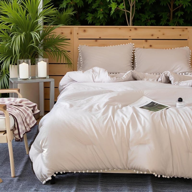 Bedbay Beige Comforter Set King Size Boho Aesthetic Bedding Set Cute Ball Pom Fringe Ultra Soft Lightweight Comforter Set 3 Pieces Farmhouse Bedding Set for Women Men Adults(Beige,King) - Image 3
