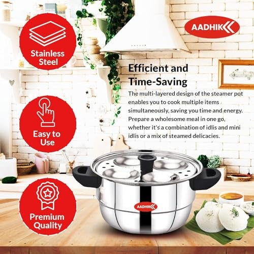 AADHIK Stainless Steel Idli Maker, Cooker, Steamer, Pot, Dhokla Maker and Mini Plate (Silver, 12 Idli 5 Plate Kadai) - Image 3