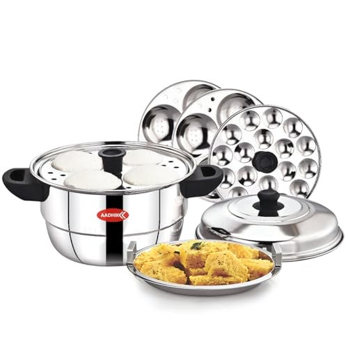 AADHIK Stainless Steel Idli Maker, Cooker, Steamer, Pot, Dhokla Maker and Mini Plate (Silver, 12 Idli 5 Plate Kadai) - Image 1