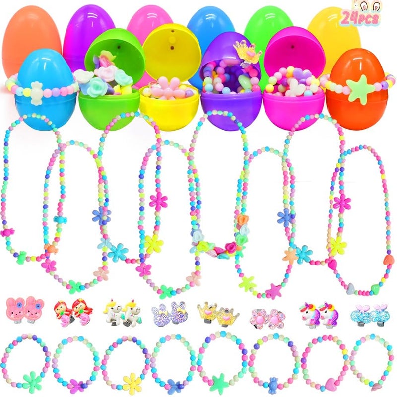 LUKBERA 24Pcs Easter Eggs with Jewelry Toys, Different Designs of Bracelets Necklaces Earrings,Suprise Easter Eggs Jewerly Set for Girls Classroom Exchange Gifts - Image 1