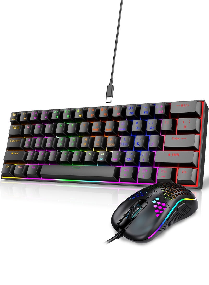 أوتشوانغ 60٪ لوحة مفاتيح ألعاب زرقاء وماوس كومبو للألعاب، لوحة مفاتيح صغيرة مدمجة للغاية ذات 61 مفتاحًا بإضاءة خلفية RGB، ماوس بصري خفيف الوزن 7200 نقطة في البوصة على شكل قرص العسل، مجموعة ألعاب سلكية RGB للكمبيوتر الشخصي PS5 Xbox اللاعب (أسود) - Image 1
