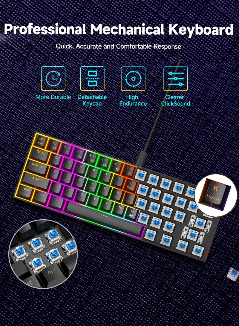 أوتشوانغ 60٪ لوحة مفاتيح ألعاب زرقاء وماوس كومبو للألعاب، لوحة مفاتيح صغيرة مدمجة للغاية ذات 61 مفتاحًا بإضاءة خلفية RGB، ماوس بصري خفيف الوزن 7200 نقطة في البوصة على شكل قرص العسل، مجموعة ألعاب سلكية RGB للكمبيوتر الشخصي PS5 Xbox اللاعب (أسود) - Image 4