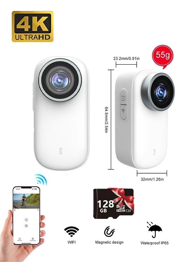 4K Thumb Action Camera,Mini Body Cam Hands Free Recording POV Worn Portable Camcorder for Bike Cycling, Pet,Travel,Work(128G-Card, White) - Image 3