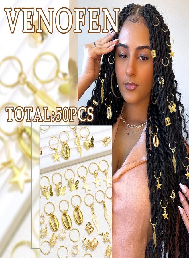 VENOFEN 50PCS Gold Hair Jewelry Butterfly Star Loc Dreadlock Charms Metal Braids Cuffs Rings Shell Hair Decoration Accessories for Women Girls - Image 5